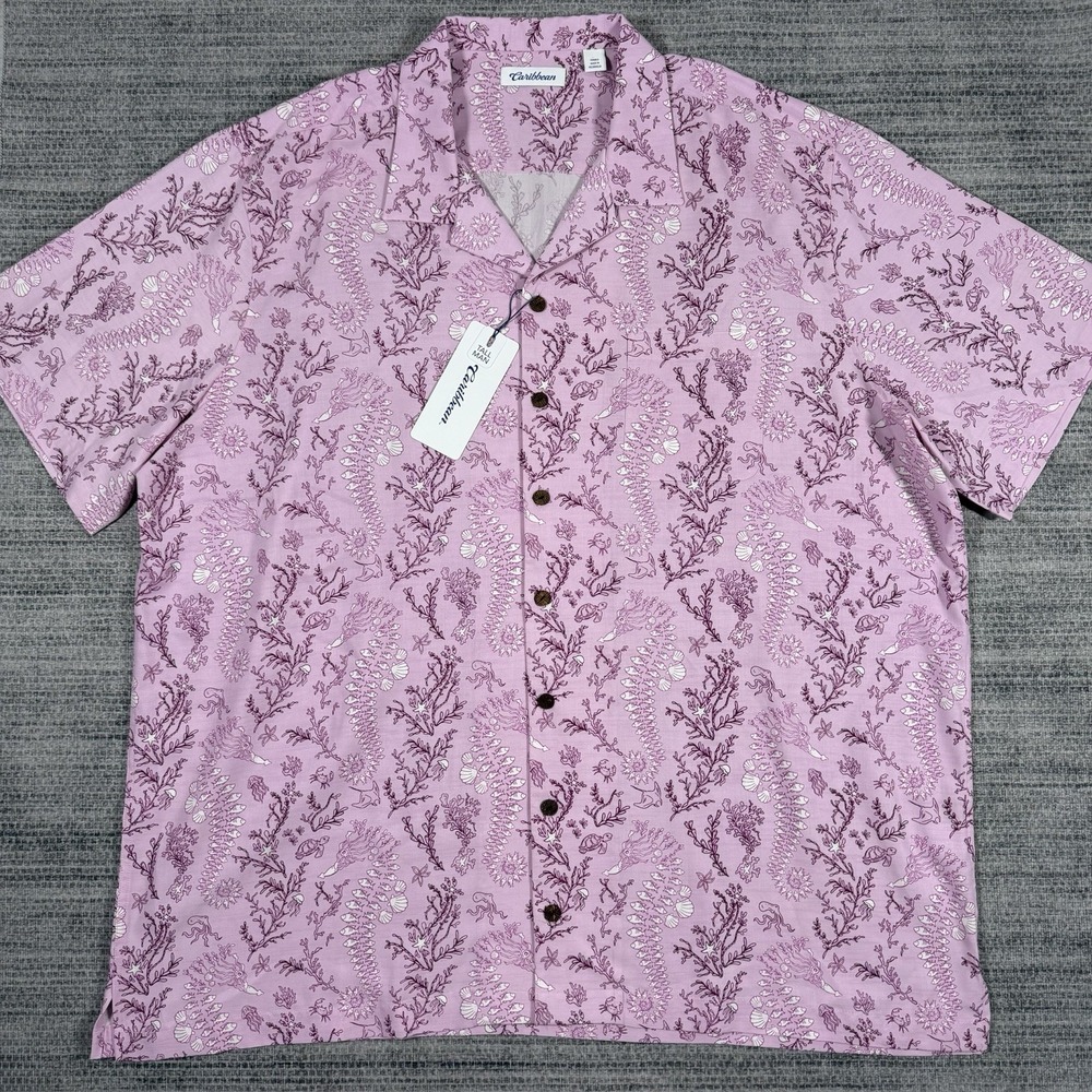 Caribbean by Roundtree Yorke Men's Size 4XT Ocean Print Button Up Shirt S/S